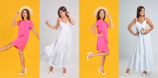 Image of Collage with photos of young women wearing different dresses on bright backgrounds