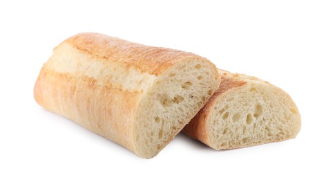 Photo of Pieces of fresh baguette on white background