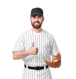 Baseball player with leather glove and ball showing thumbs up on white background