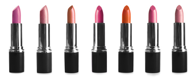 Image of Set with different lipsticks on white background, banner design 