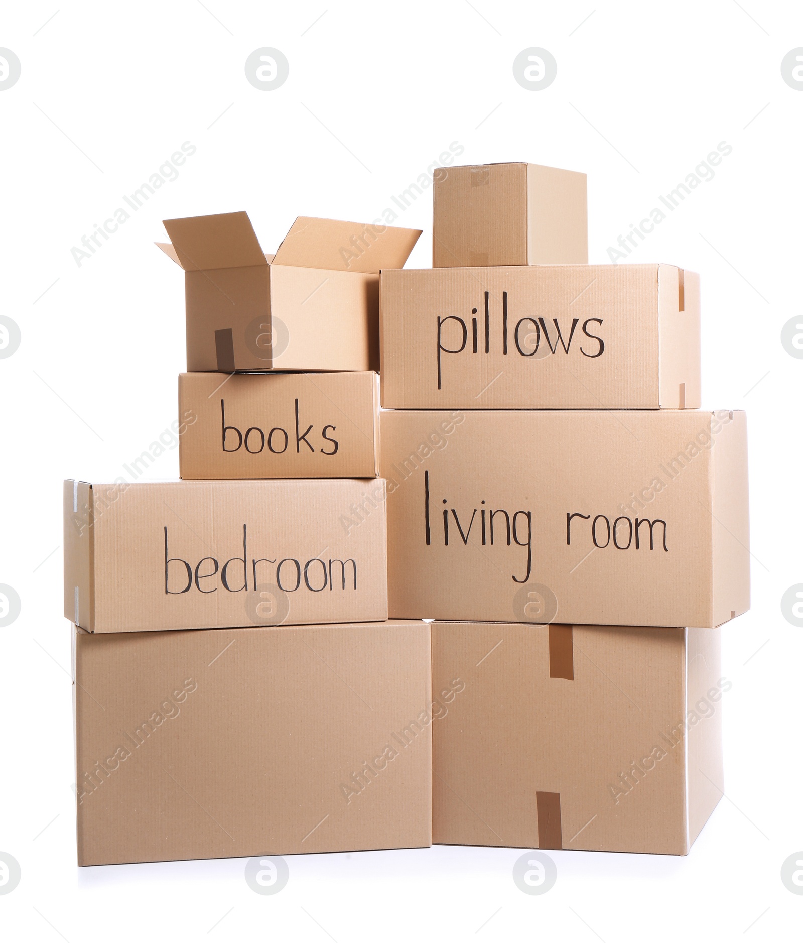 Photo of Cardboard boxes on white background. Moving day