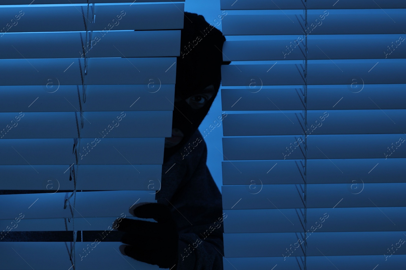 Photo of Thief looking out of blinds at night. Burglary