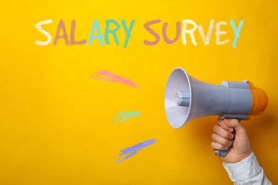 Image of Man with megaphone and phrase Salary Survey on yellow background, closeup