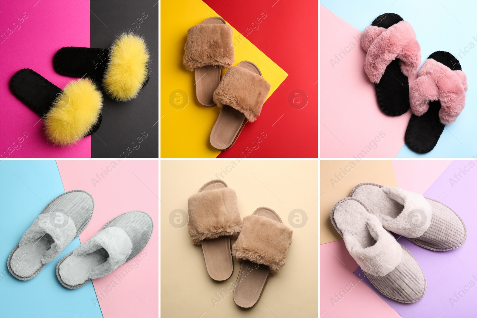 Image of Collage with different soft slippers on color backgrounds, top view