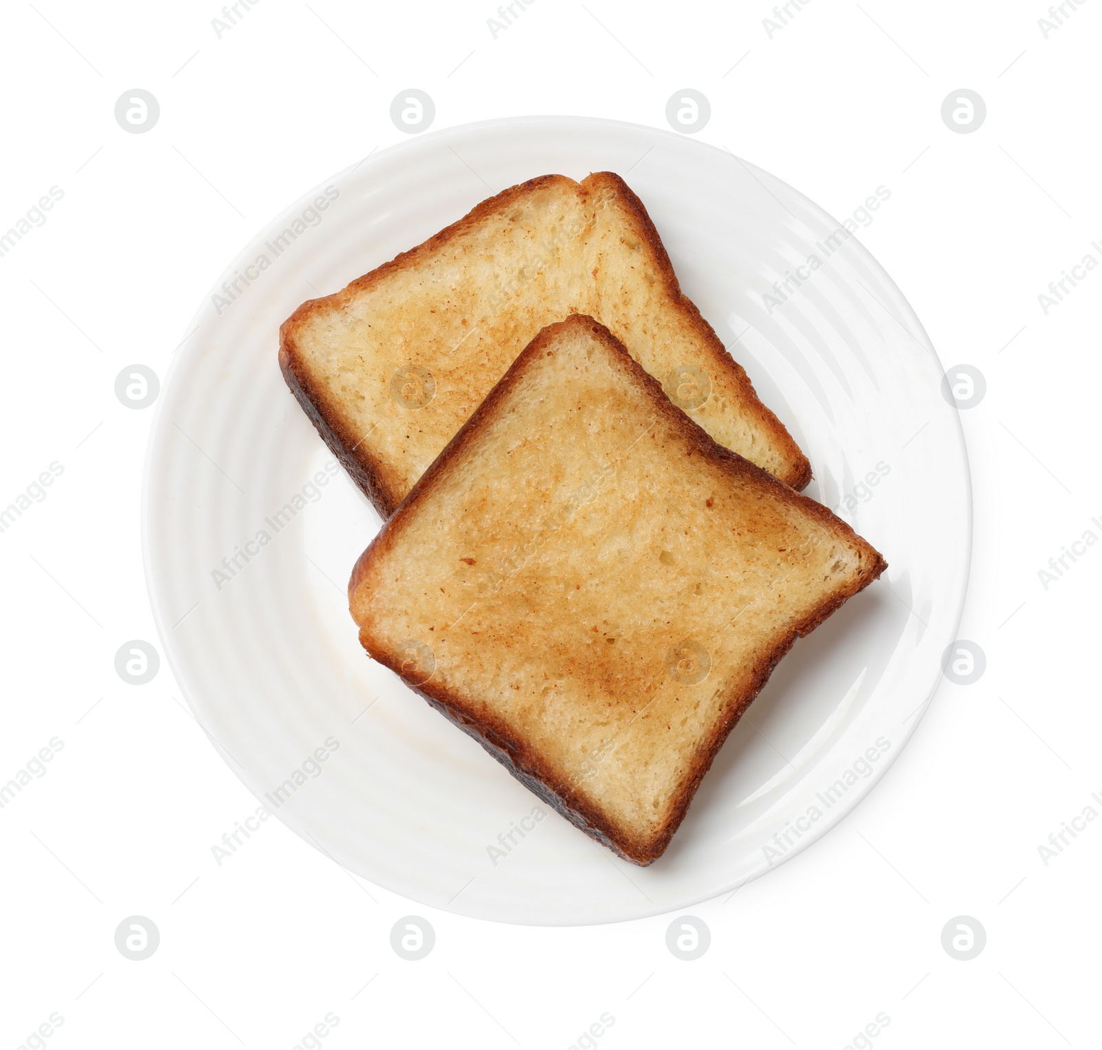 Photo of Pieces of fresh toast bread isolated on white, top view