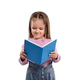 Photo of Cute little girl reading book on white background