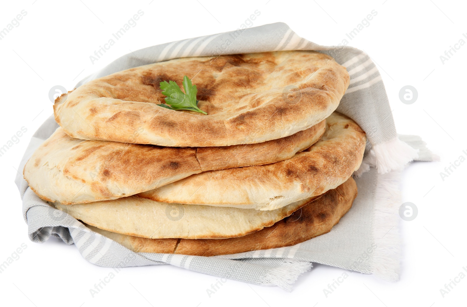 Photo of Delicious fresh pita bread with napkin on white background