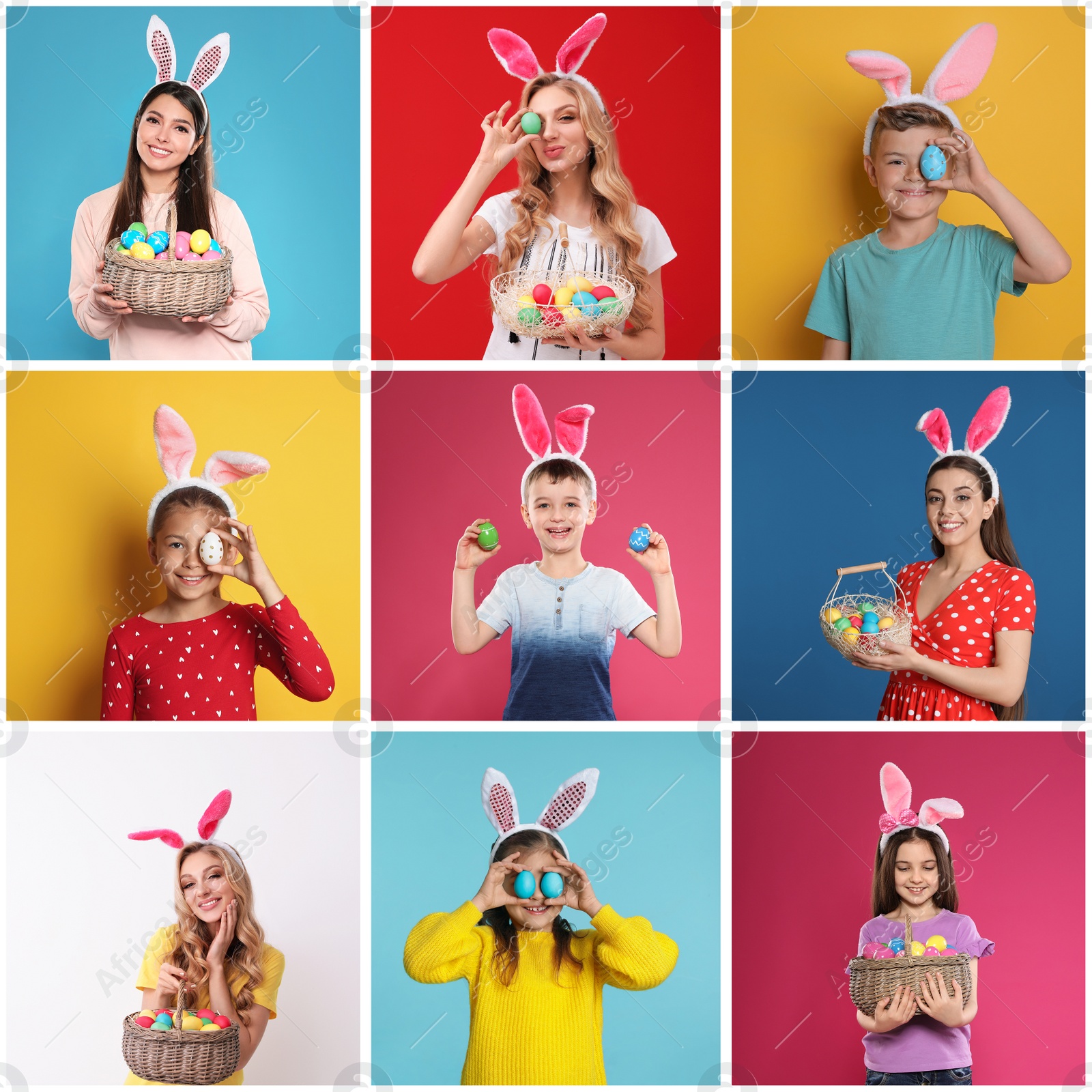 Image of Collage photos of people wearing bunny ears headbands on different color backgrounds. Happy Easter