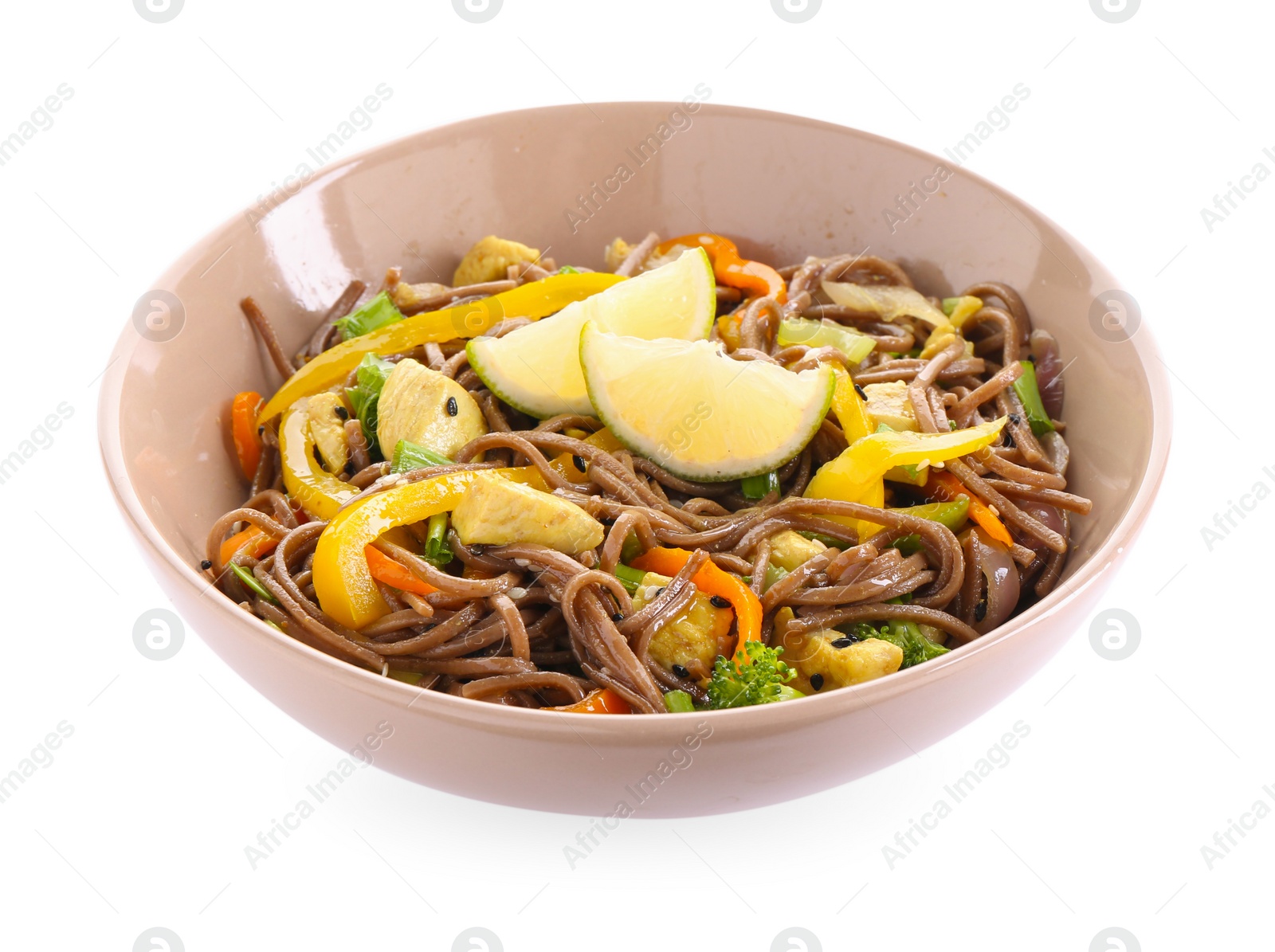 Photo of Stir-fry. Delicious cooked noodles with chicken and vegetables in bowl isolated on white