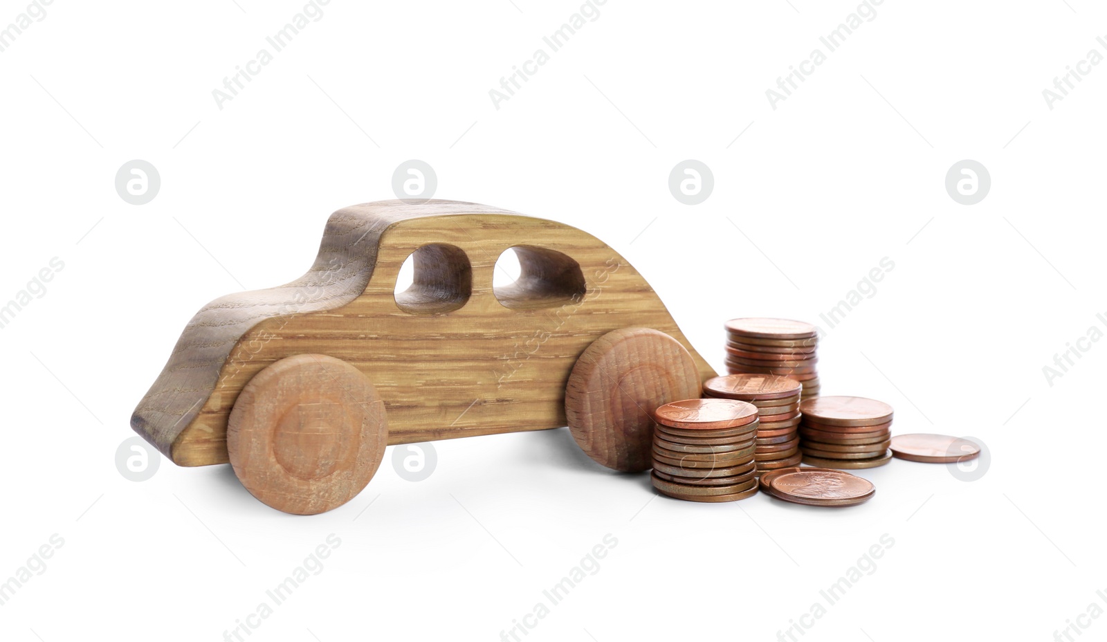 Photo of Car model and coins on white background. Money saving concept