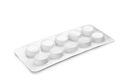 Photo of Pills in blister pack on white background. Medical treatment