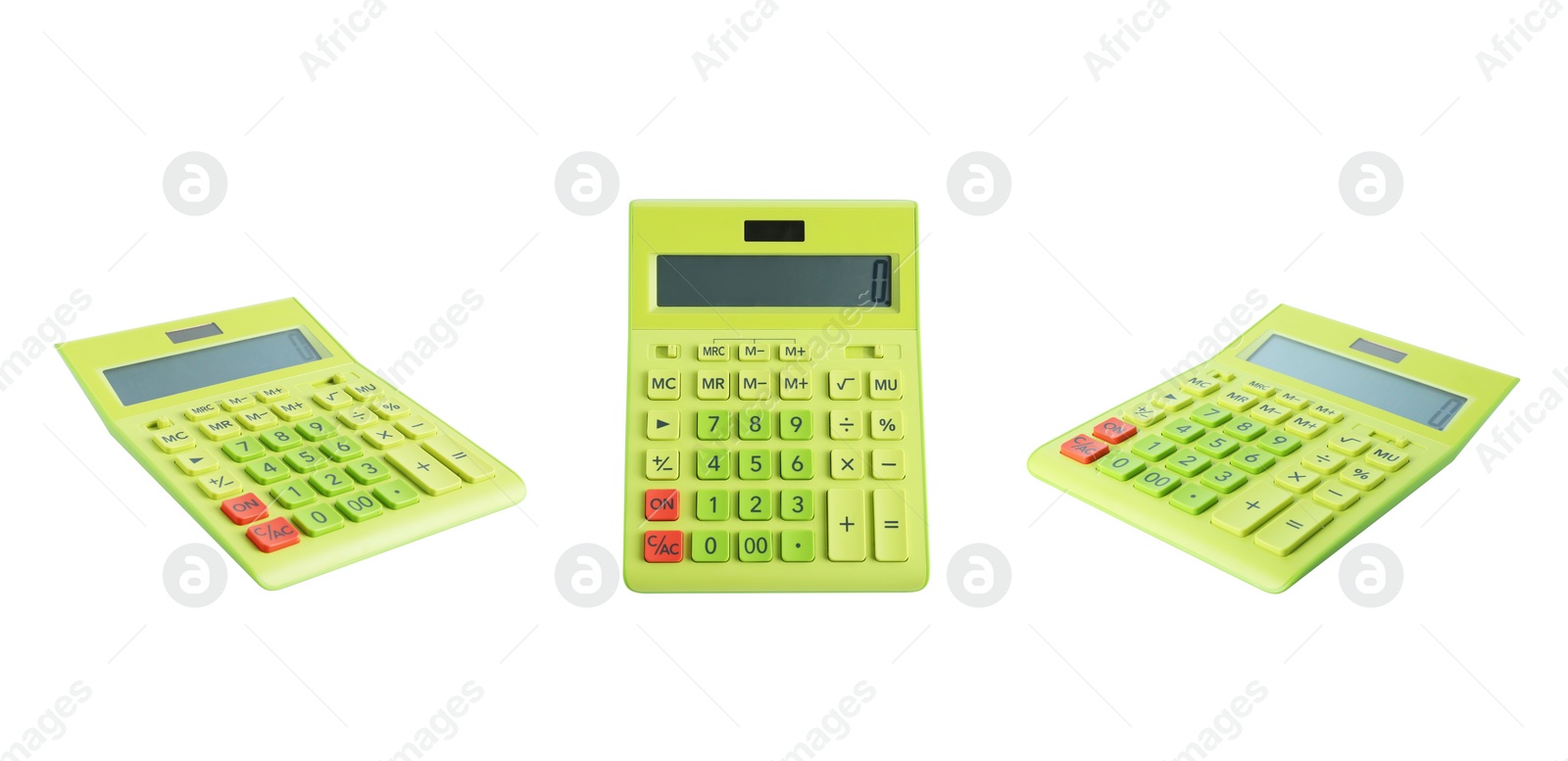 Image of Calculator on white background, views from different sides. Banner design