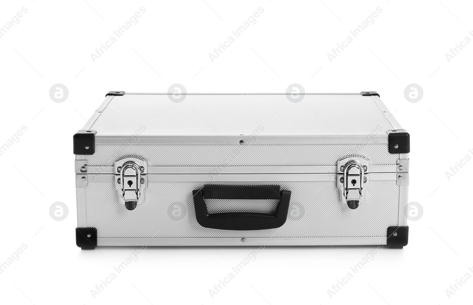 Photo of Modern silver suitcase on white background