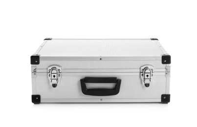 Photo of Modern silver suitcase on white background