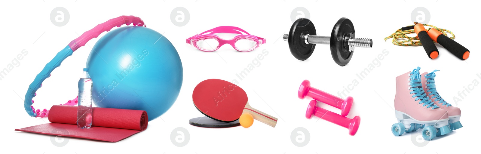 Image of Set of different sport equipment on white background. Banner design