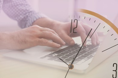 Image of Double exposure of man working on laptop and clock