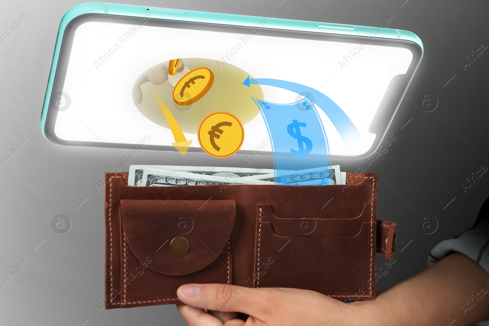 Image of Online money exchange. Woman holding wallet with cash, closeup. Euro and dollar currency signs flying between mobile phone and wallet