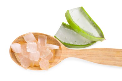 Photo of Aloe vera gel in spoon and slices of plant isolated on white, top view