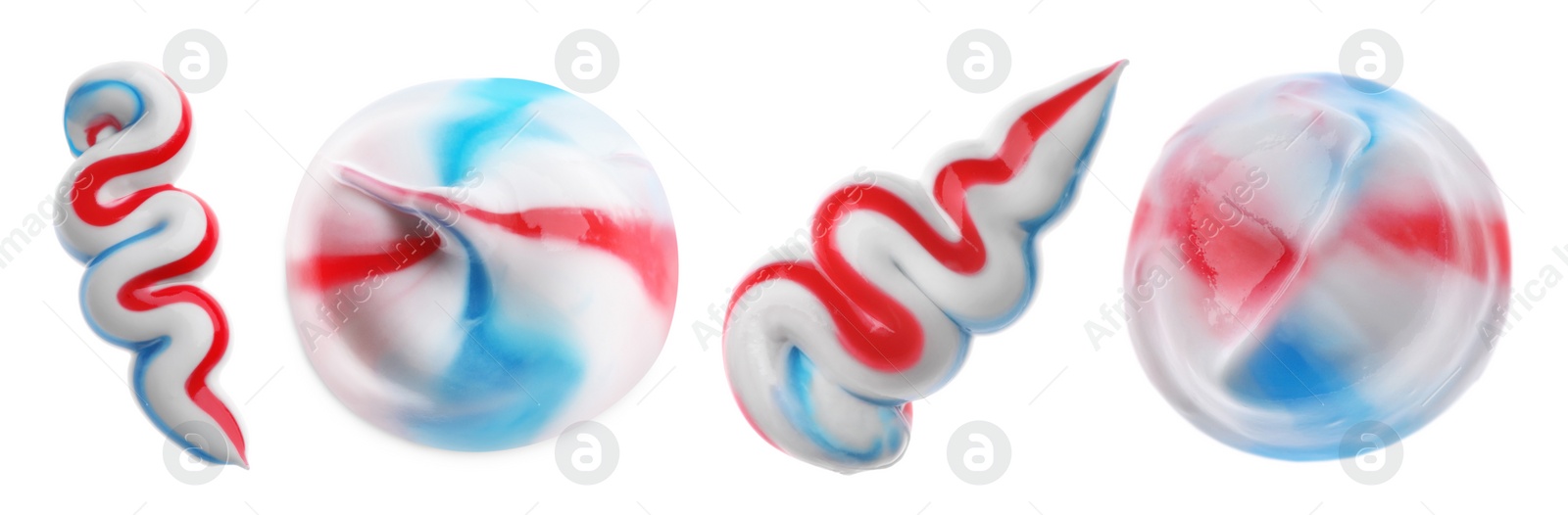 Image of Set with smears of toothpaste on white background, top view. Banner design