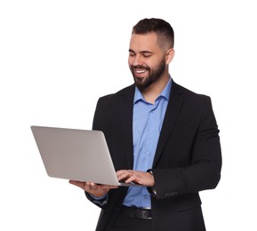 Portrait of smiling man with laptop on white background. Lawyer, businessman, accountant or manager