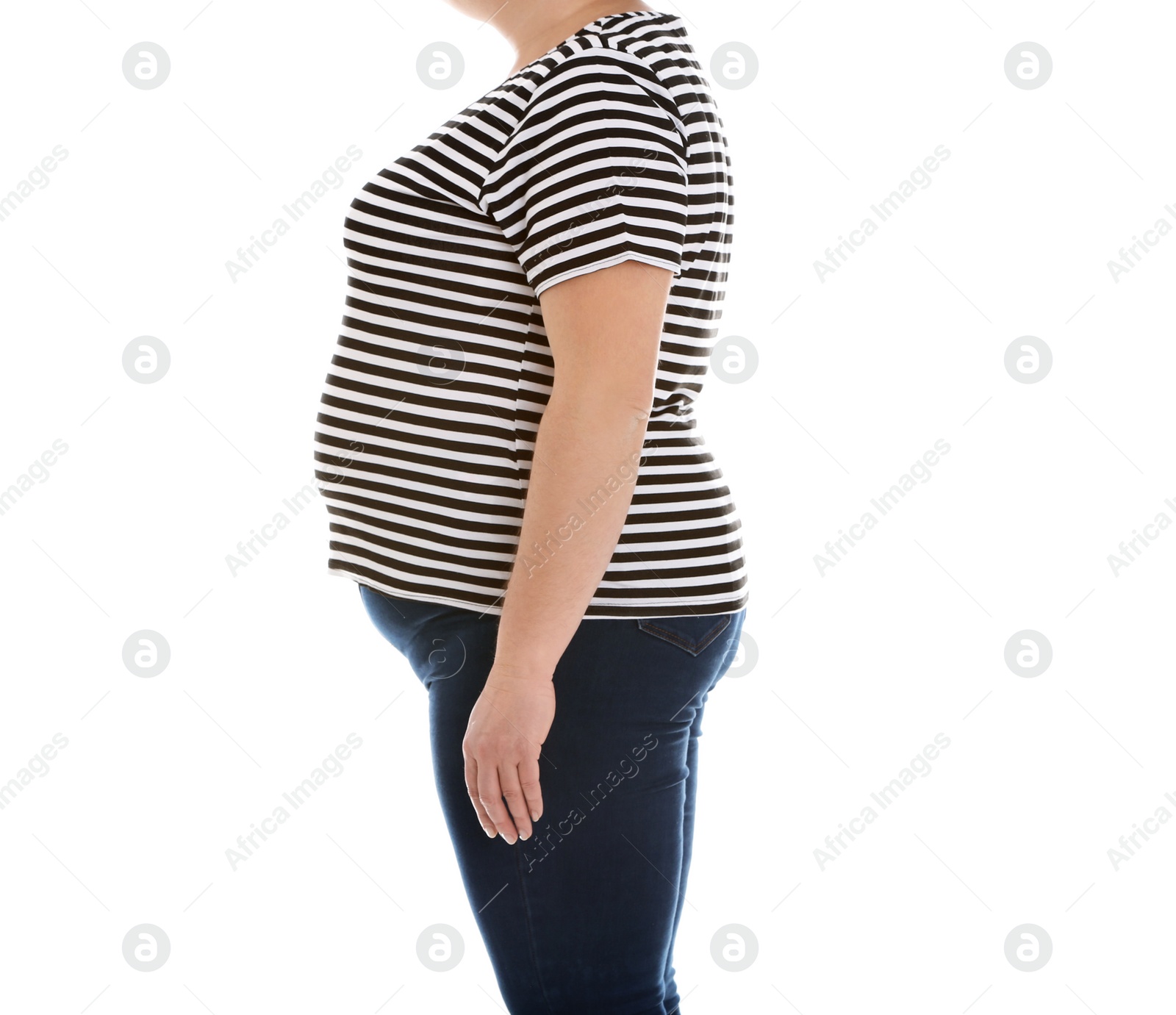 Photo of Overweight woman on white background, closeup. Weight loss