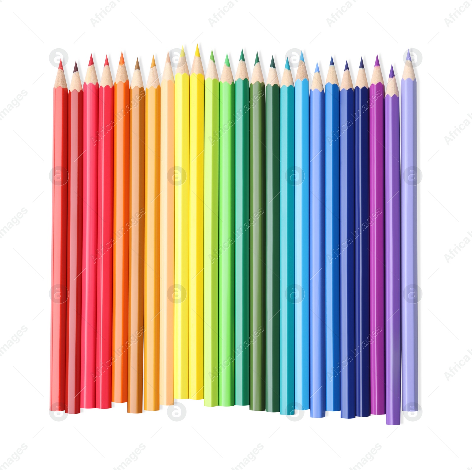 Photo of Many colorful wooden pencils on white background, top view