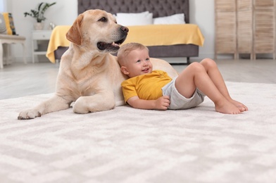 Photo of Adorable yellow labrador retriever and little boy at home