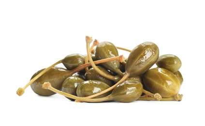 Pile of delicious pickled capers on white background