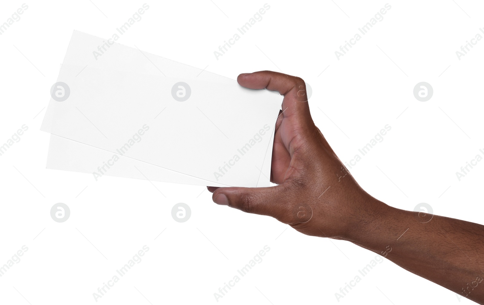 Photo of African American man holding flyers on white background, closeup. Mockup for design