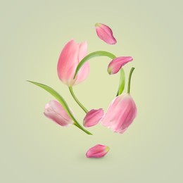 Image of Beautiful pink tulips flying on light background