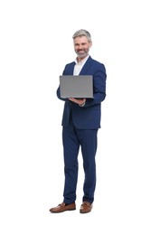 Mature businessman in stylish clothes with laptop on white background