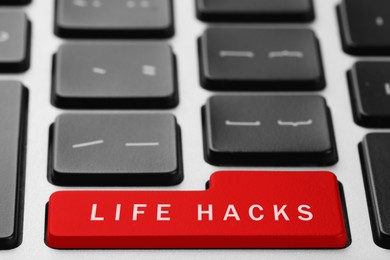Image of Red button with words Life Hacks on laptop, closeup