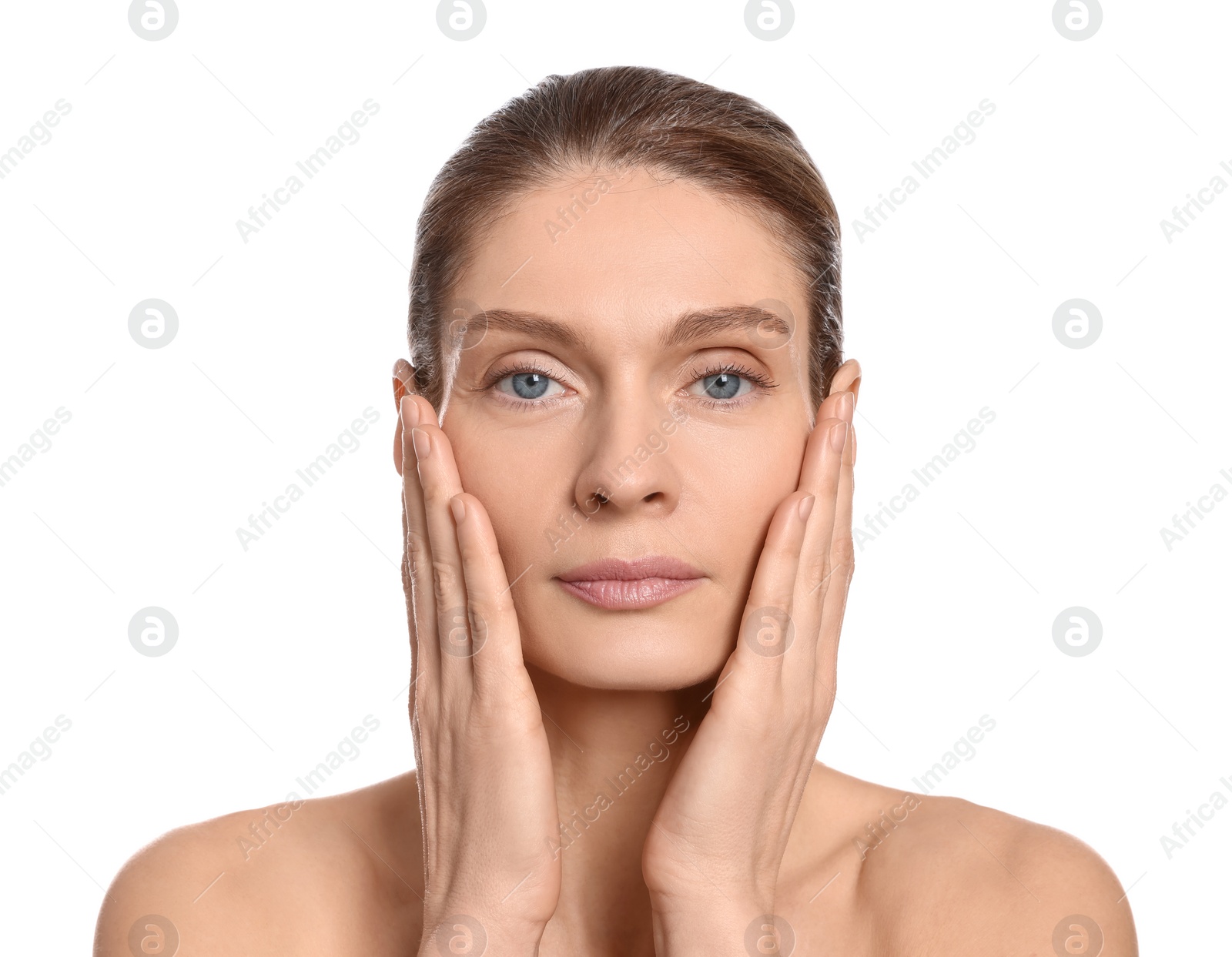 Photo of Woman massaging her face on white background
