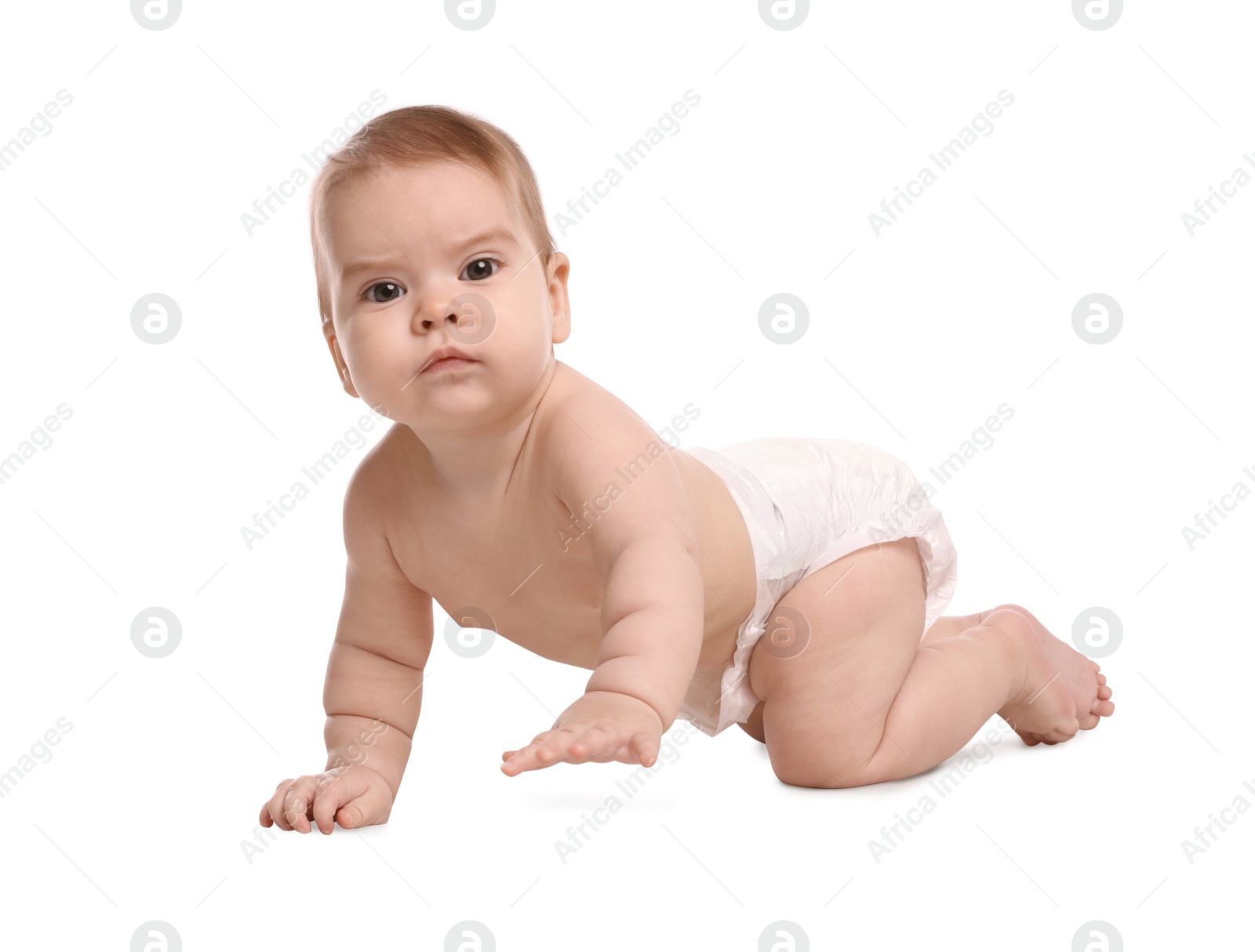 Photo of Cute little baby in diaper crawling on white background