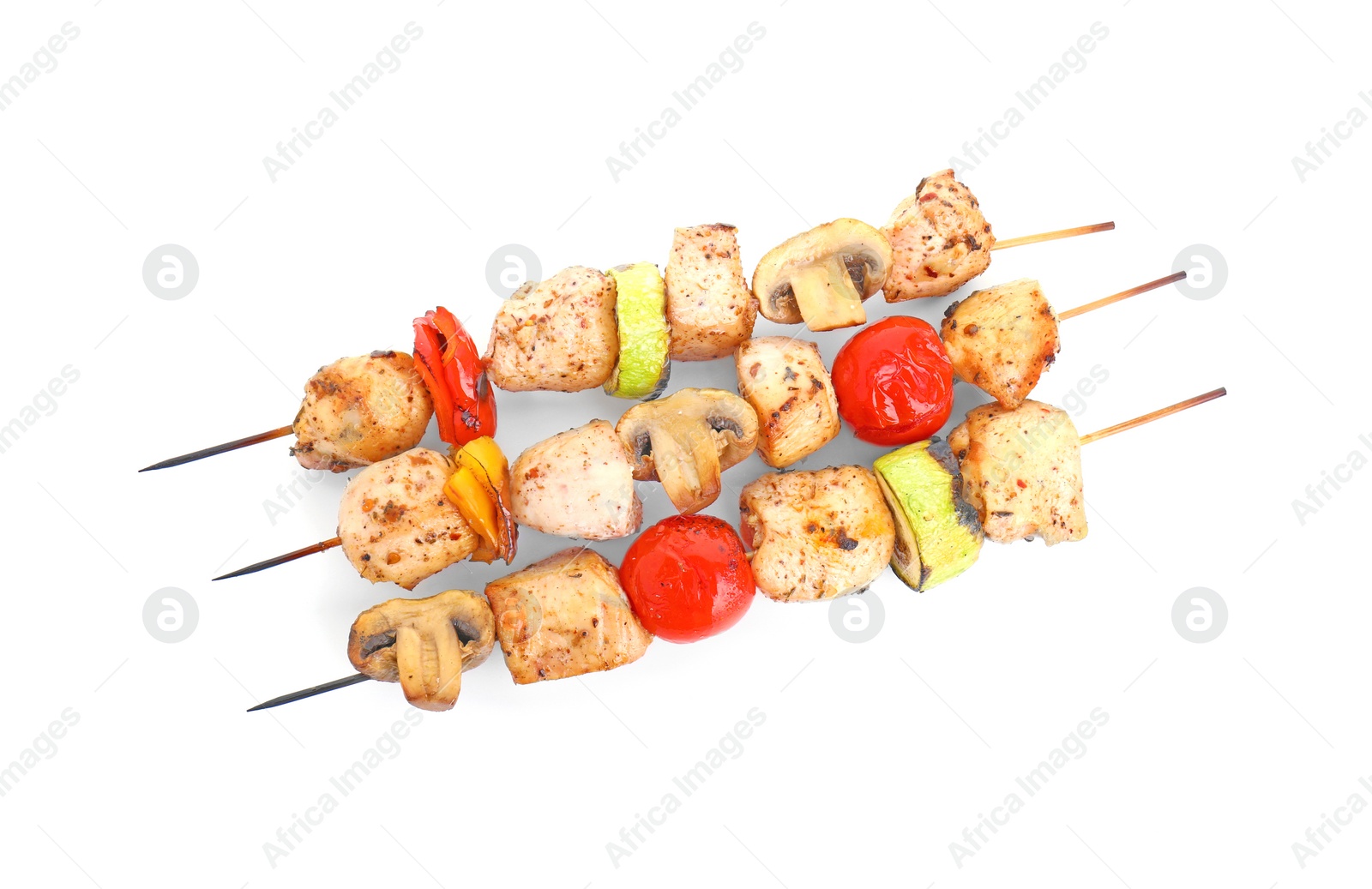 Photo of Delicious shish kebabs and grilled vegetables isolated on white, top view