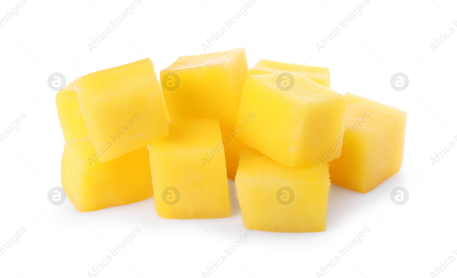 Photo of Tasty ripe mango cubes isolated on white