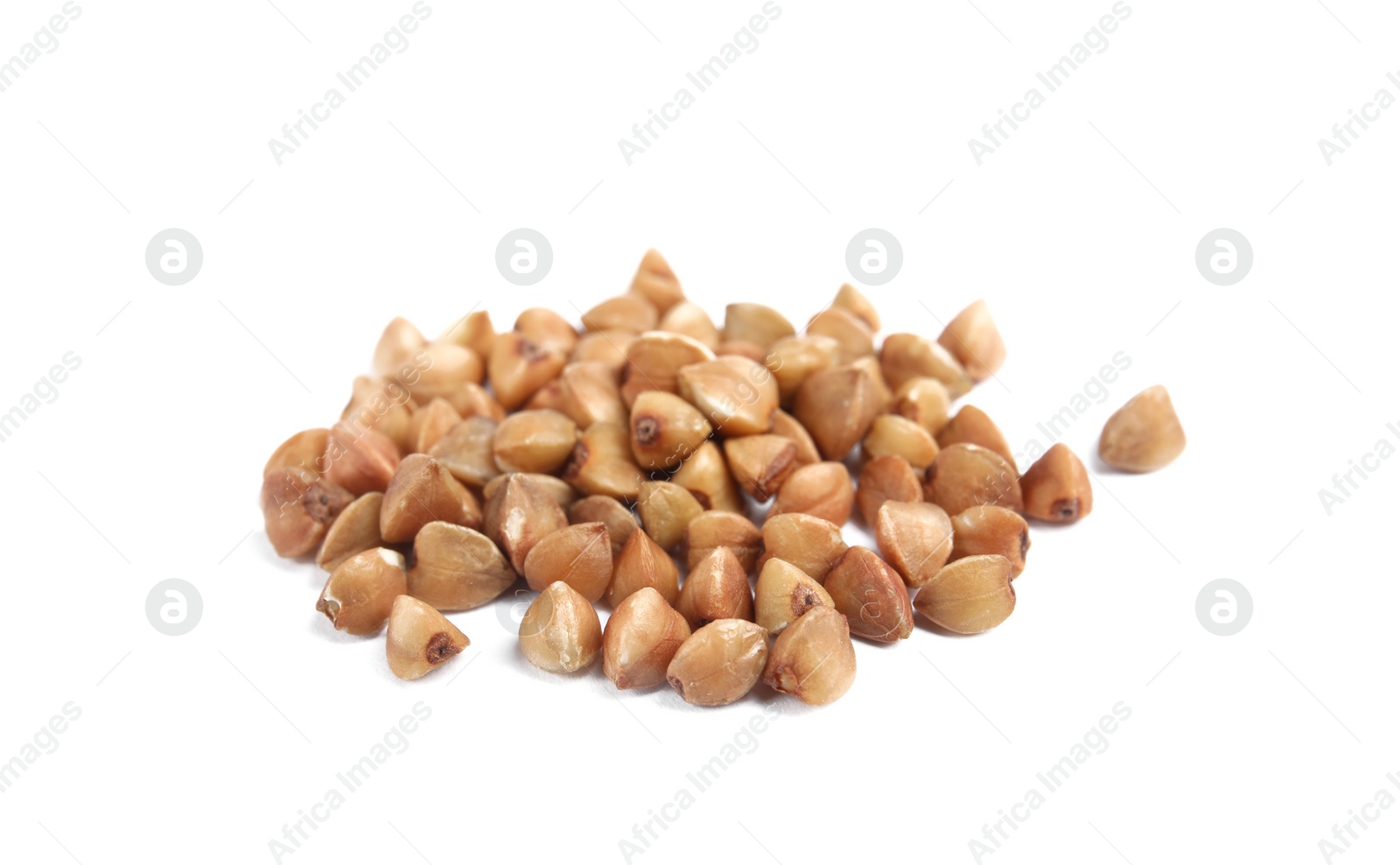 Photo of Uncooked buckwheat on white background. Healthy diet