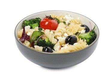 Bowl of delicious pasta with tomatoes, olives and broccoli on white background