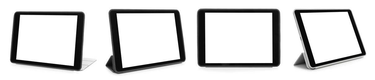 Image of Set of tablet computers on white background, banner design. Space for text