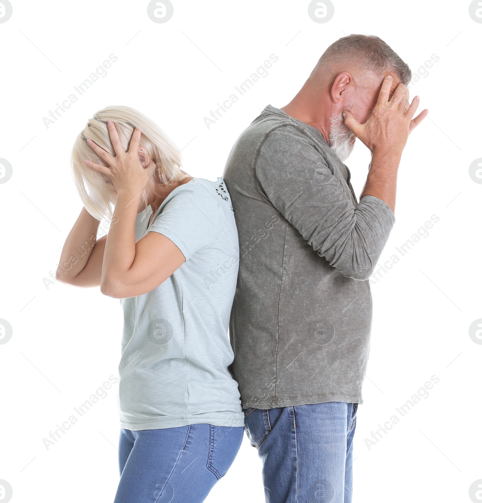 Photo of Upset mature couple on white background. Relationship problems