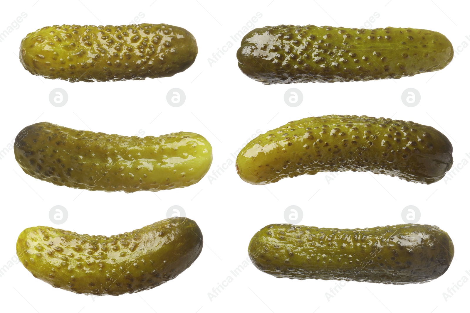 Image of Tasty pickled cucumbers isolated on white, set