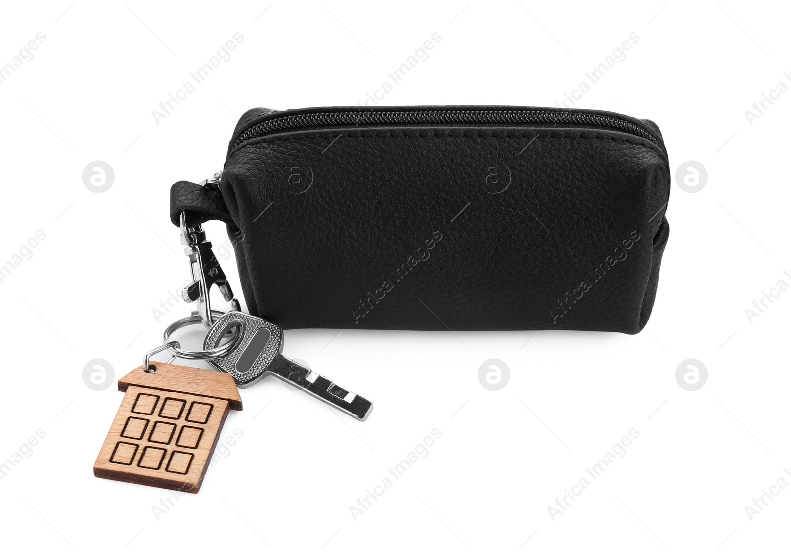 Photo of Leather case with key isolated on white