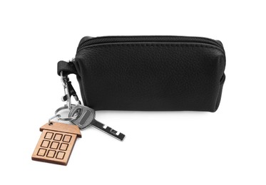 Photo of Leather case with key isolated on white