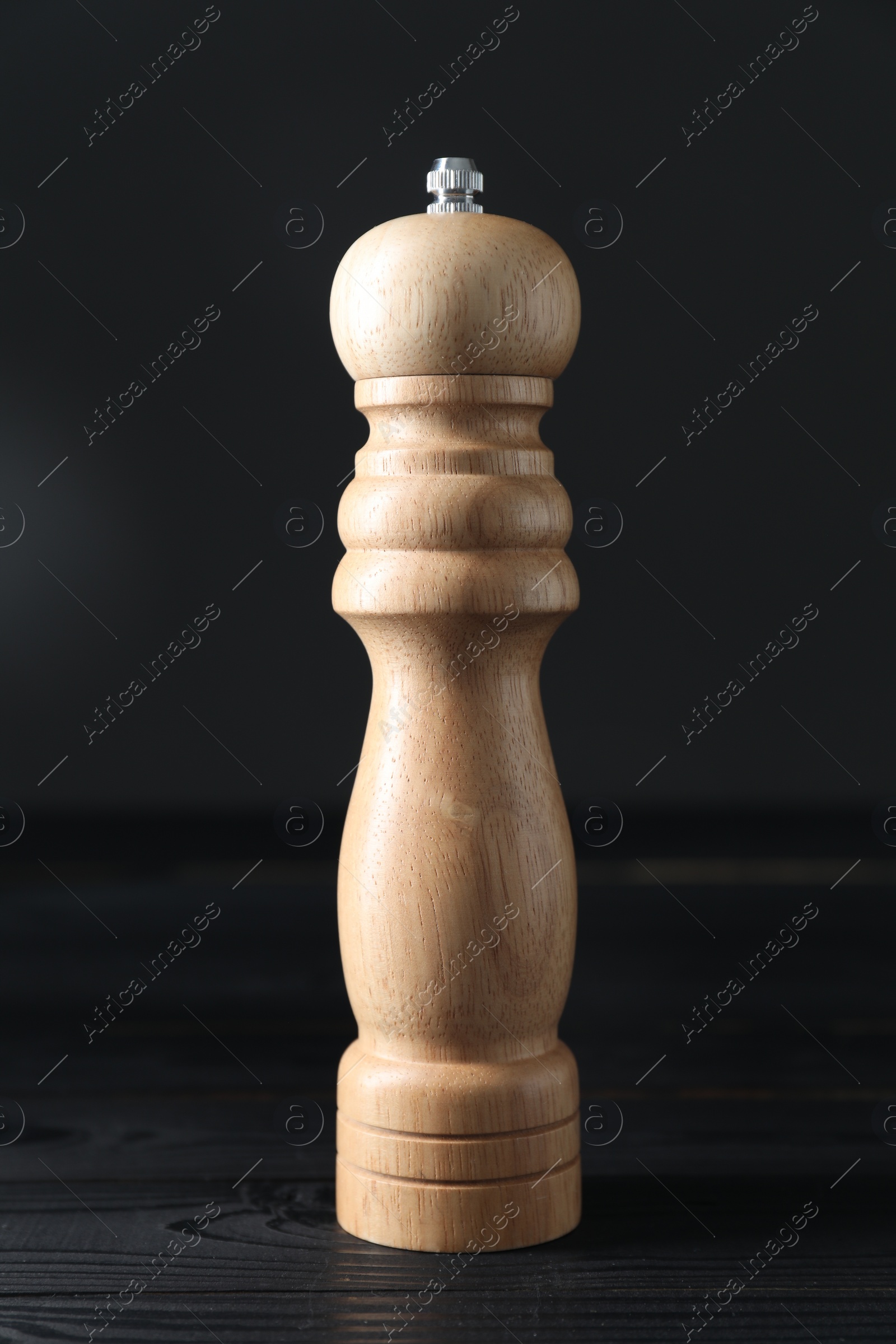 Photo of Spice shaker on black wooden table, closeup
