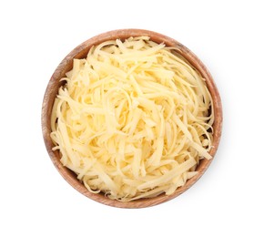 Photo of Tasty grated cheese in bowl isolated on white, top view