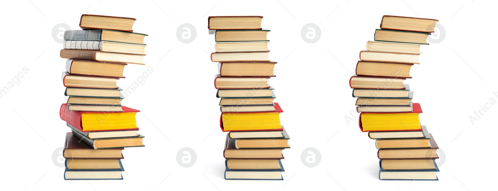 Image of Collection of different retro books on white background