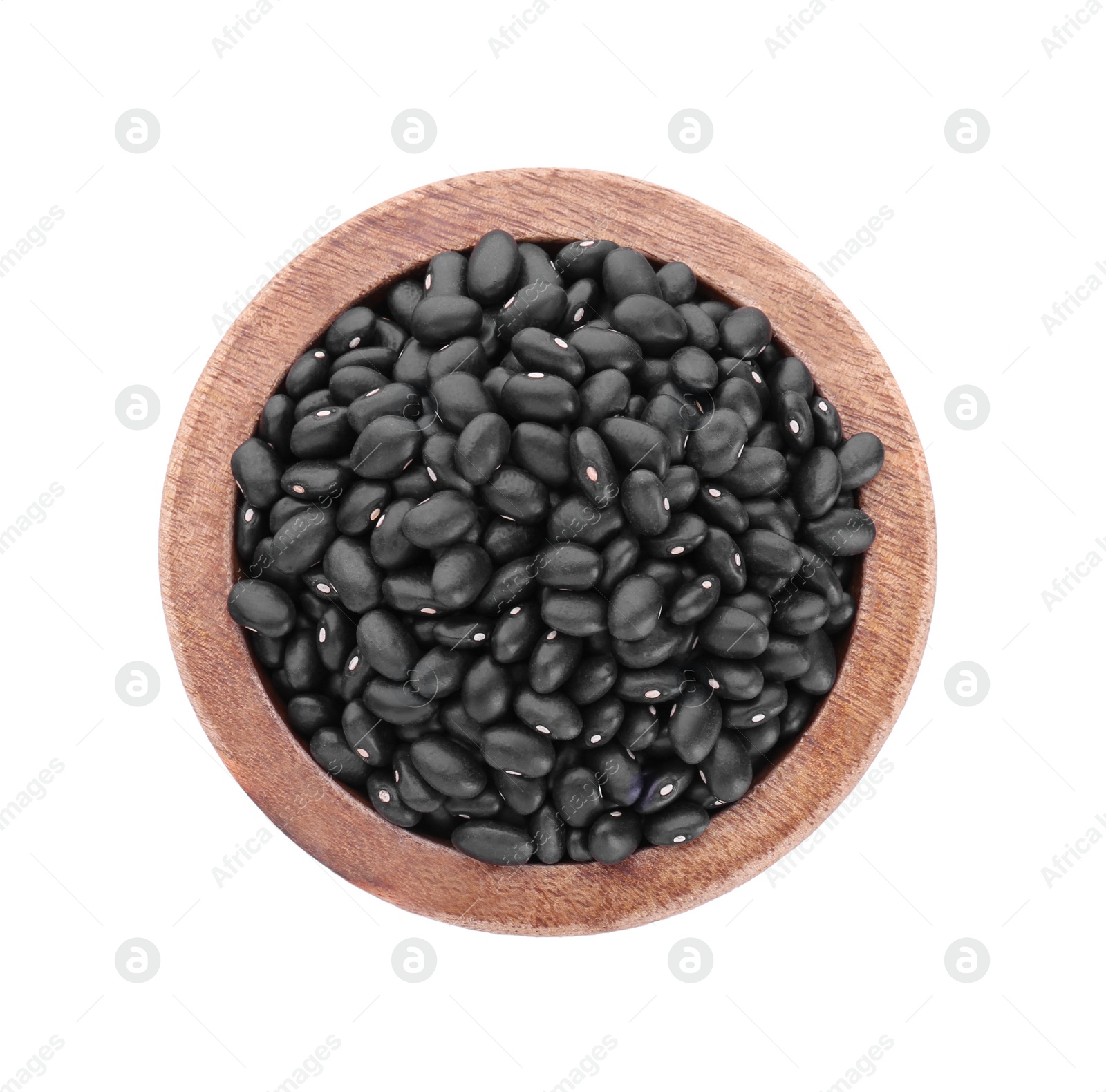 Photo of Bowl of raw black beans isolated on white, top view