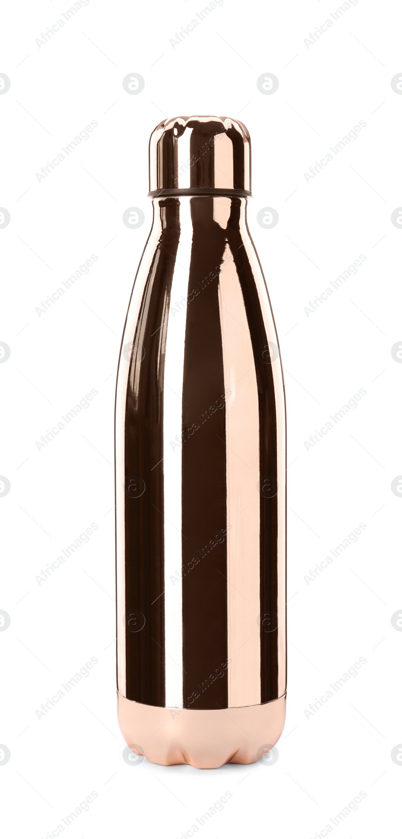 Photo of Metal thermo bottle isolated on white. Conscious consumption
