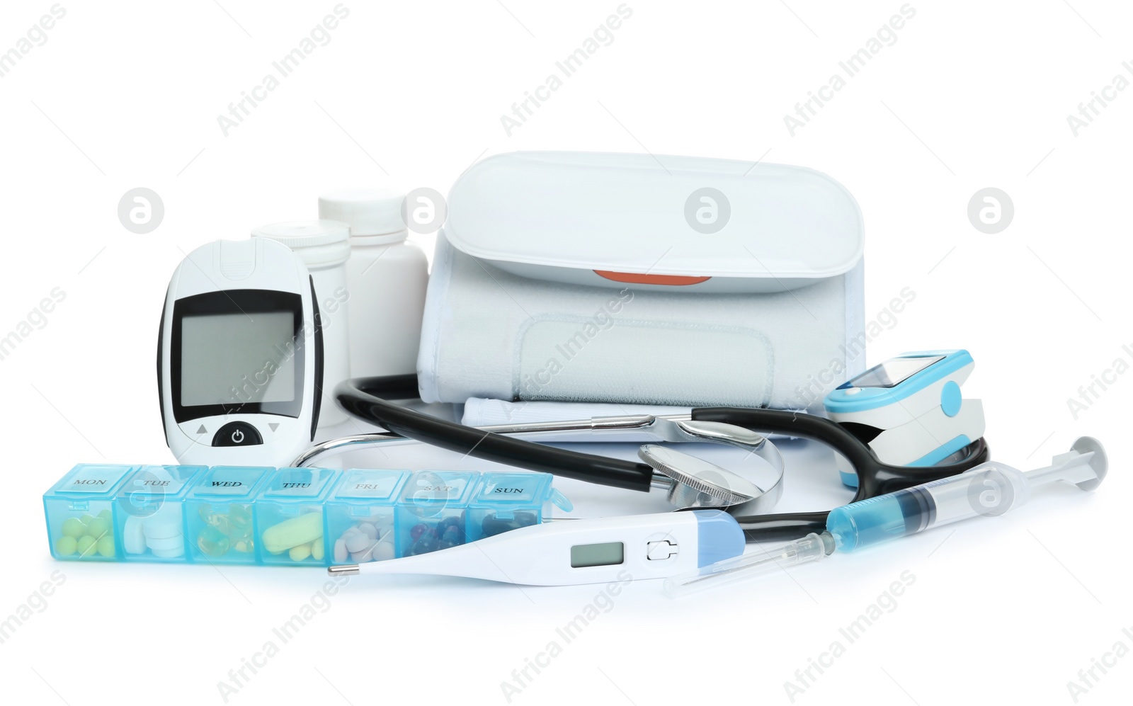 Photo of Different medical objects on white background. Health care