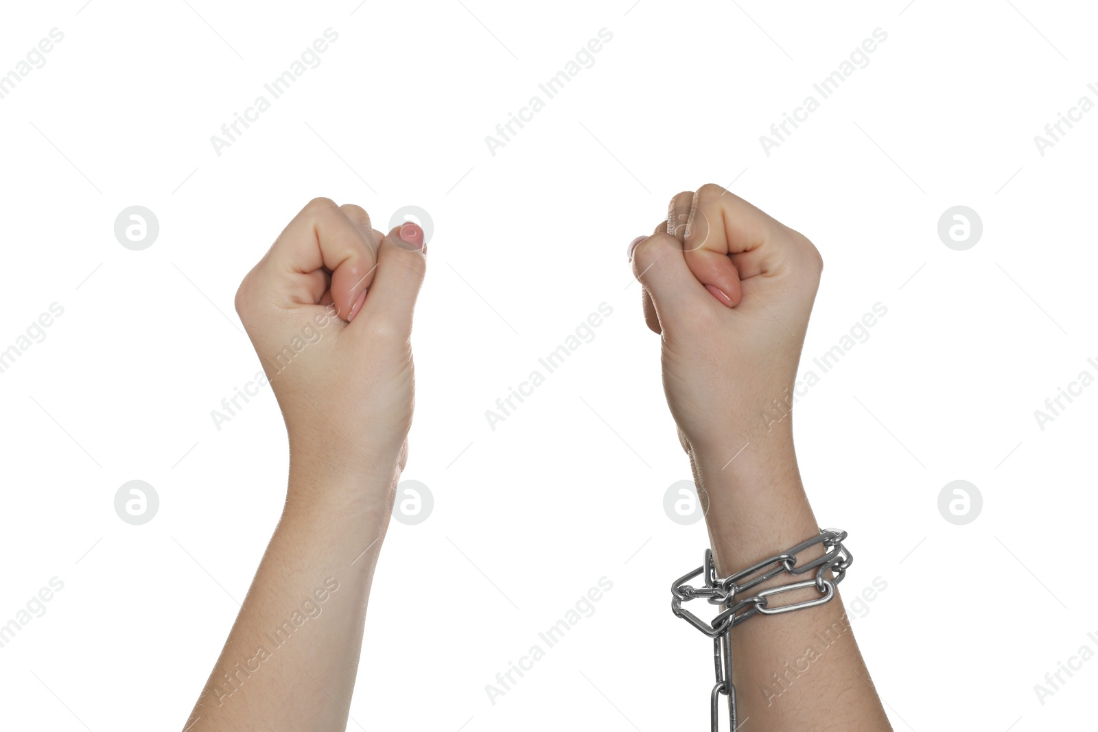 Photo of Freedom concept. Woman with chains on her hand against white background, closeup